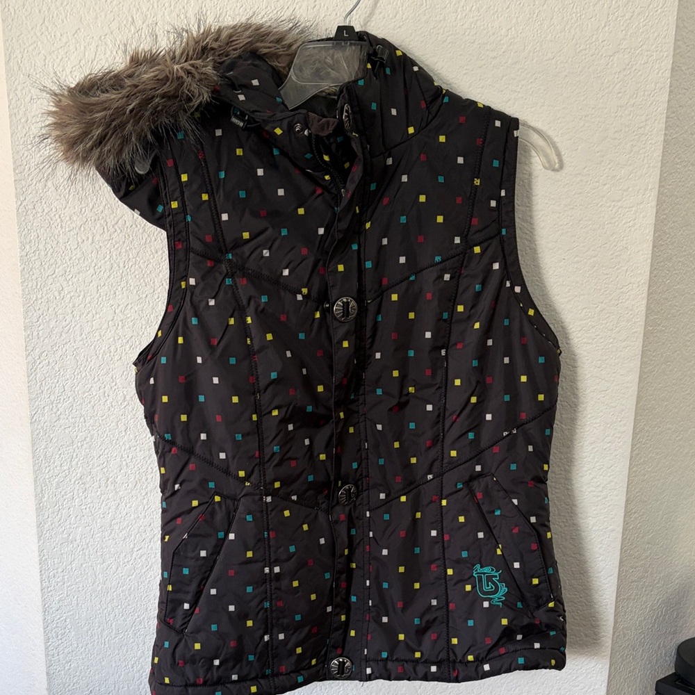 Burton Women’s' Black Vest with Multicolor Dots and Faux Fur Hood